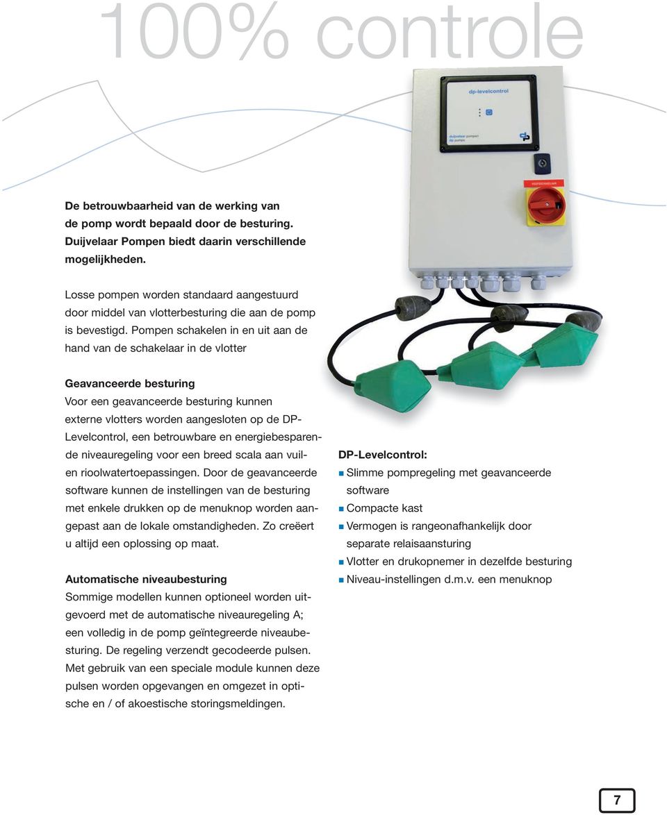 Pompen schakelen in en uit aan de hand van de schakelaar in de vlotter Geavanceerde besturing Voor een geavanceerde besturing kunnen externe vlotters worden aangesloten op de DP- Levelcontrol, een