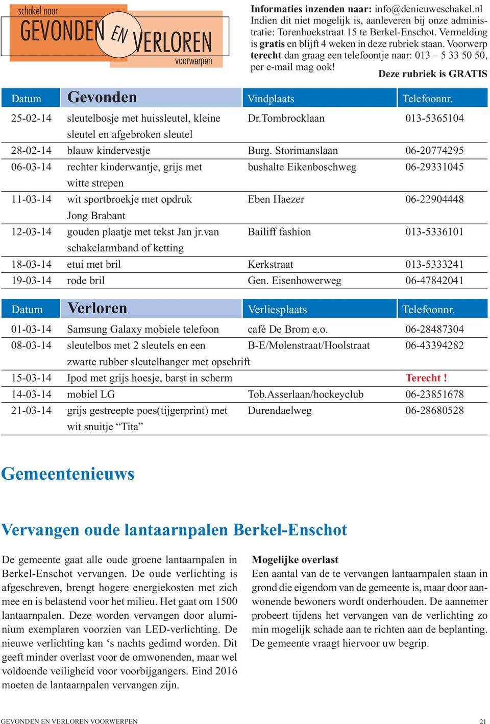 Deze rubriek is GRATIS Datum Gevonden Vindplaats Telefoonnr. 25-02-14 sleutelbosje met huissleutel, kleine Dr.Tombrocklaan 013-5365104 sleutel en afgebroken sleutel 28-02-14 blauw kindervestje Burg.