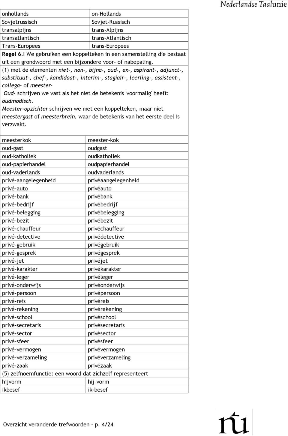 (1) met de elementen niet-, non-, bijna-, oud-, ex-, aspirant-, adjunct-, substituut-, chef-, kandidaat-, interim-, stagiair-, leerling-, assistent-, collega- of meester- Oud- schrijven we vast als