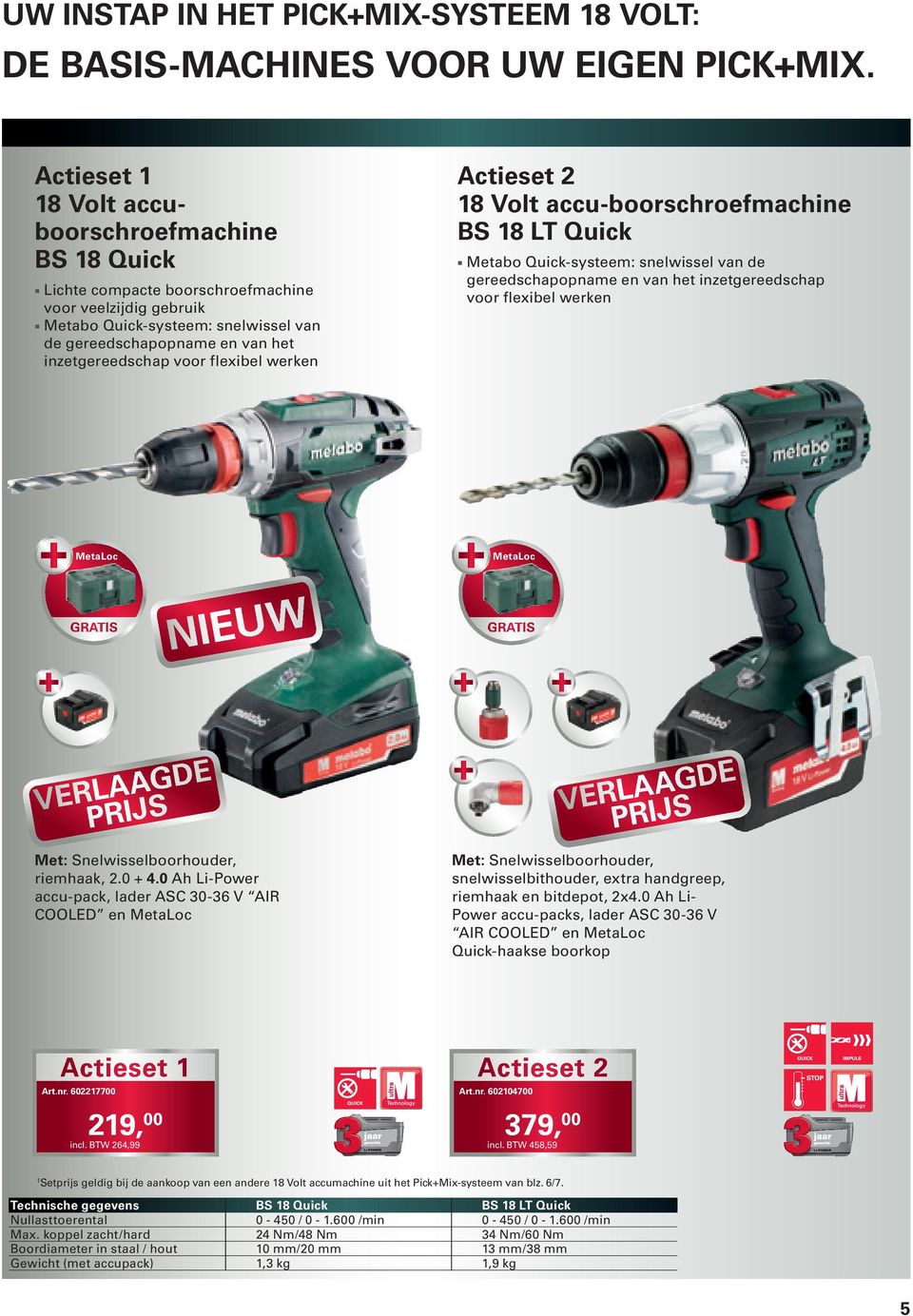 inzetgereedschap voor flexibel werken Actieset 2 18 Volt accu-boorschroefmachine BS 18 LT Quick nmetabo Quick-systeem: snelwissel van de gereedschapopname en van het inzetgereedschap voor flexibel