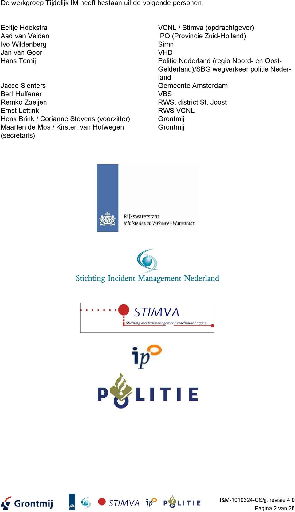 Brink / Corianne Stevens (voorzitter) Maarten de Mos / Kirsten van Hofwegen (secretaris) VCNL / Stimva (opdrachtgever) IPO