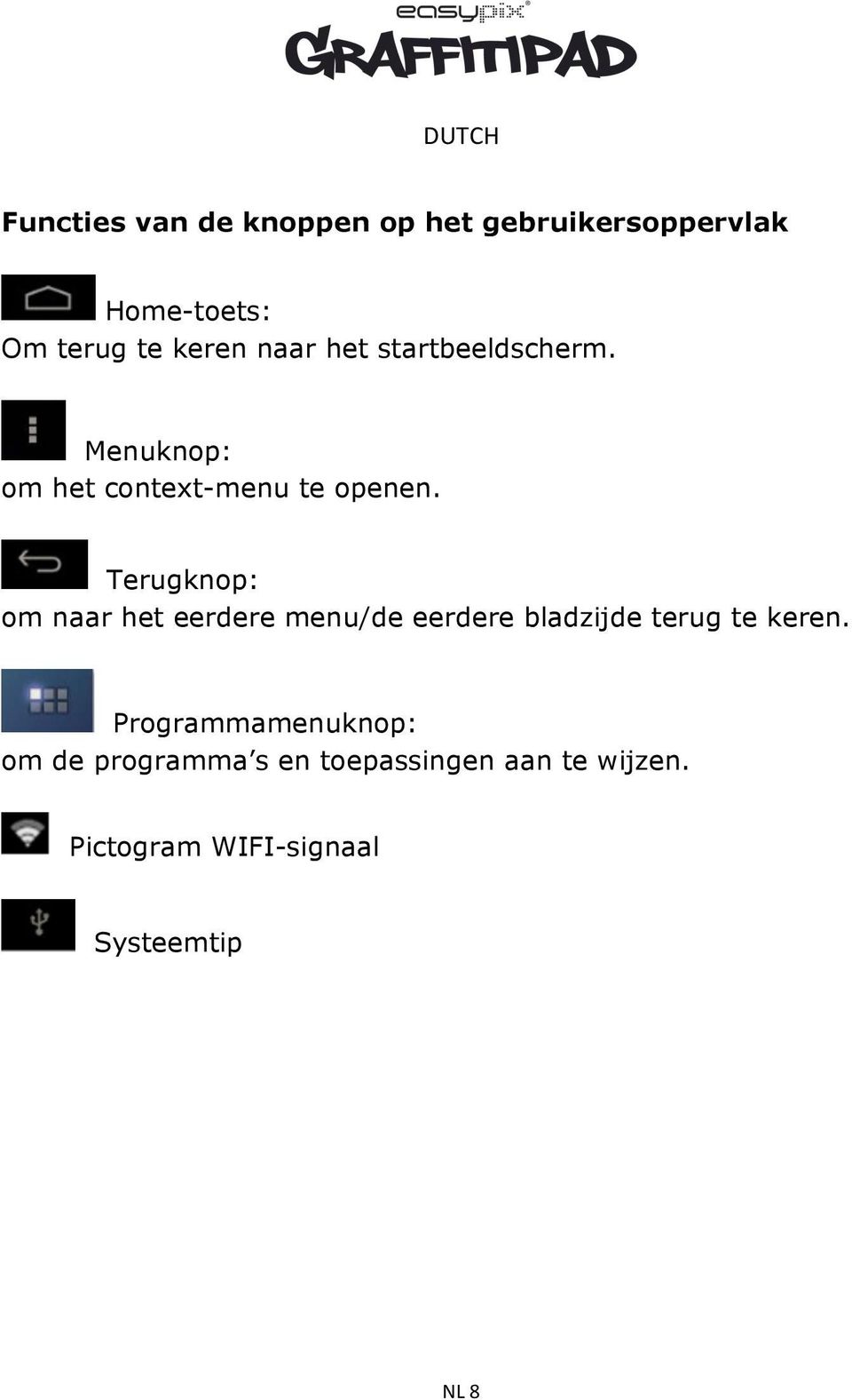 Terugknop: om naar het eerdere menu/de eerdere bladzijde terug te keren.