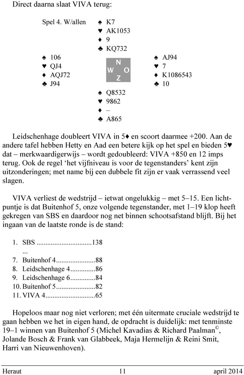 Ook de regel het vijfniveau is voor de tegenstanders kent zijn uitzonderingen; met name bij een dubbele fit zijn er vaak verrassend veel slagen. VIVA verliest de wedstrijd ietwat ongelukkig met 5 15.