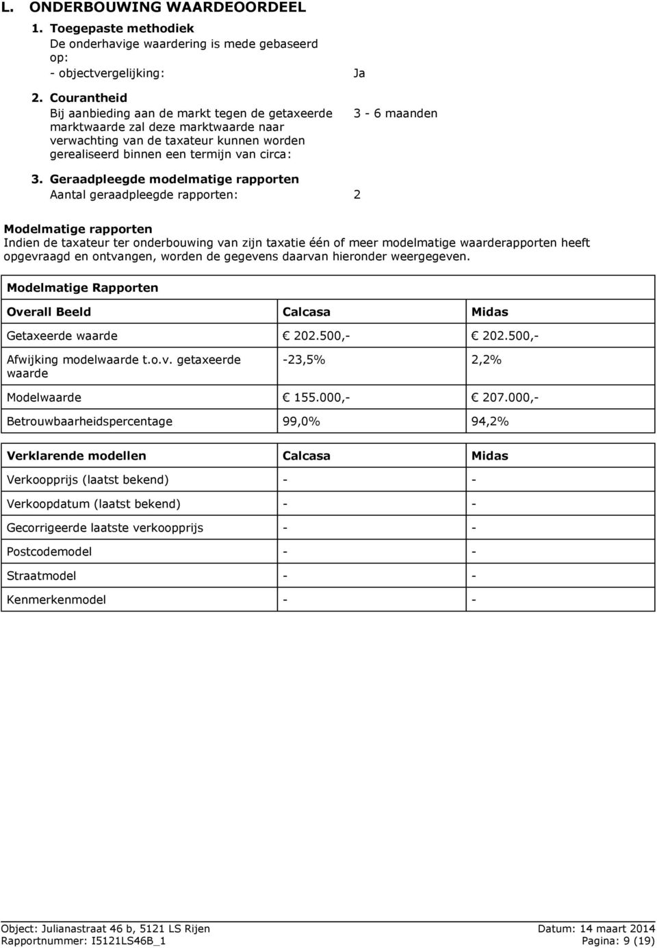 Geraadpleegde modelmatige rapporten Aantal geraadpleegde rapporten: 2 Modelmatige rapporten Indien de taxateur ter onderbouwing van zijn taxatie één of meer modelmatige waarderapporten heeft