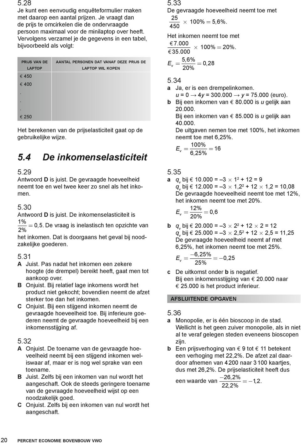 .. 250 aantal personen dat vanaf deze prijs de laptop wil kopen Het berekenen van de prijselasticiteit gaat op de gebruikelijke wijze. 5.4 De inkomenselasticiteit 5.29 Antwoord D is juist.