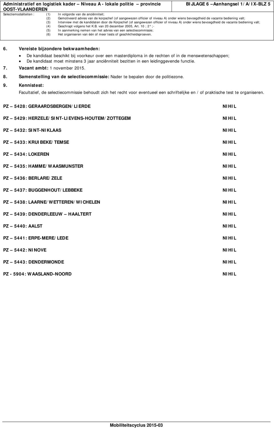 leidinggevende functie. 7. Vacant ambt: 1 november 2015. 8. Samenstelling van de selectiecommissie: Nader te bepalen door de politiezone. 9.