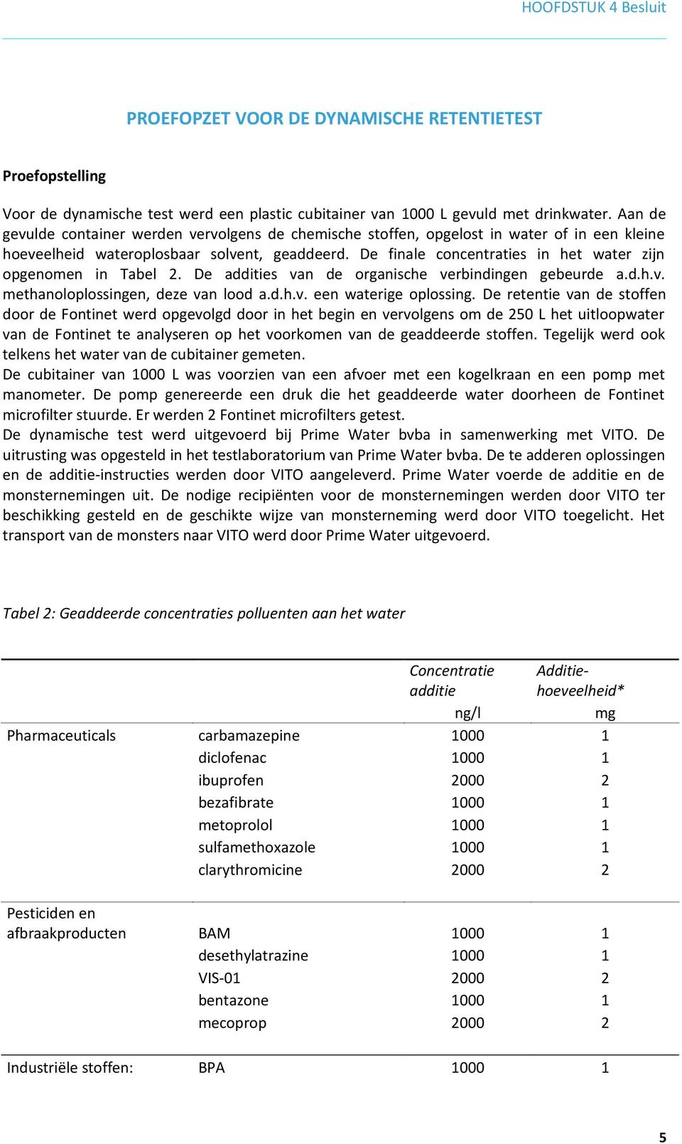 De finale concentraties in het water zijn opgenomen in Tabel 2. De addities van de organische verbindingen gebeurde a.d.h.v. methanoloplossingen, deze van lood a.d.h.v. een waterige oplossing.