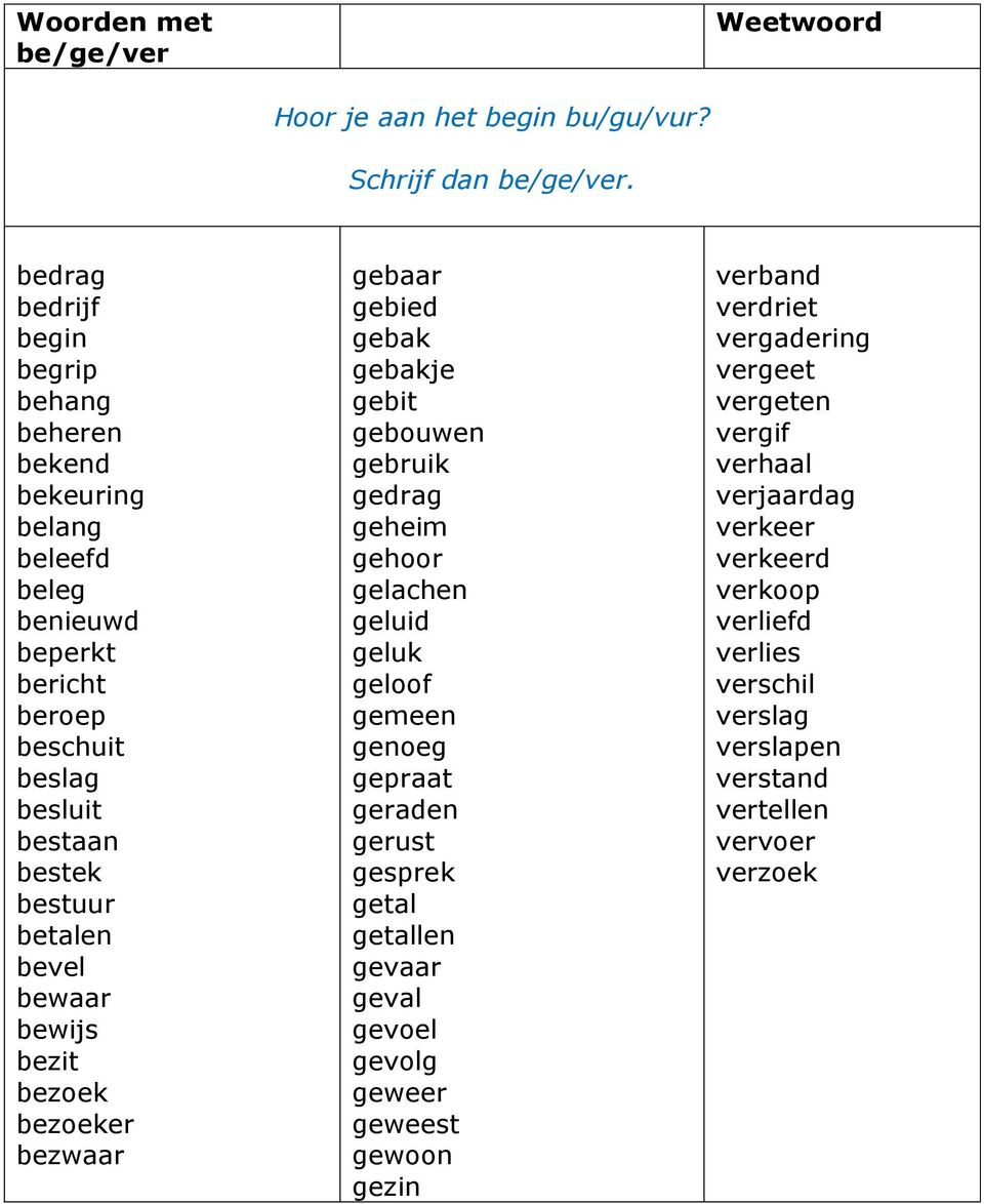 bewaar bewijs bezit bezoek bezoeker bezwaar gebaar gebied gebak gebakje gebit gebouwen gebruik gedrag geheim gehoor gelachen geluid geluk geloof gemeen genoeg gepraat geraden