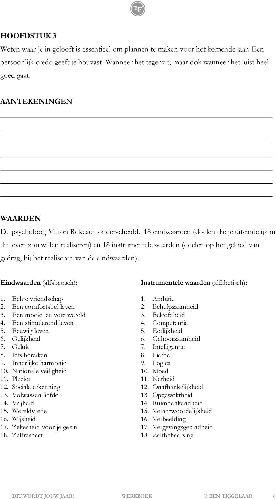 realiseren van de eindwaarden). Eindwaarden (alfabetisch): 1. Echte vriendschap 2. Een comfortabel leven 3. Een mooie, zuivere wereld 4. Een stimulerend leven 5. Eeuwig leven 6. Gelijkheid 7. Geluk 8.