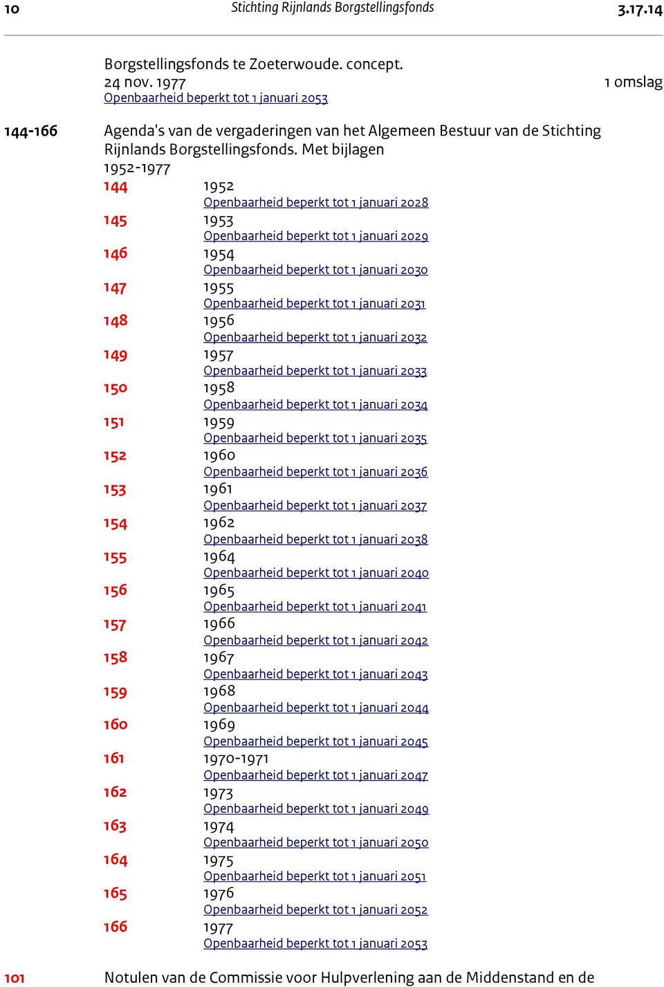 Met bijlagen 1952-1977 144 1952 Openbaarheid beperkt tot 1 januari 2028 145 1953 Openbaarheid beperkt tot 1 januari 2029 146 1954 Openbaarheid beperkt tot 1 januari 2030 147 1955 Openbaarheid beperkt