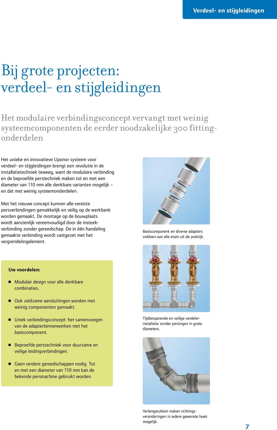 een diameter van 110 mm alle denkbare varianten mogelijk en dat met weinig systeemonderdelen.