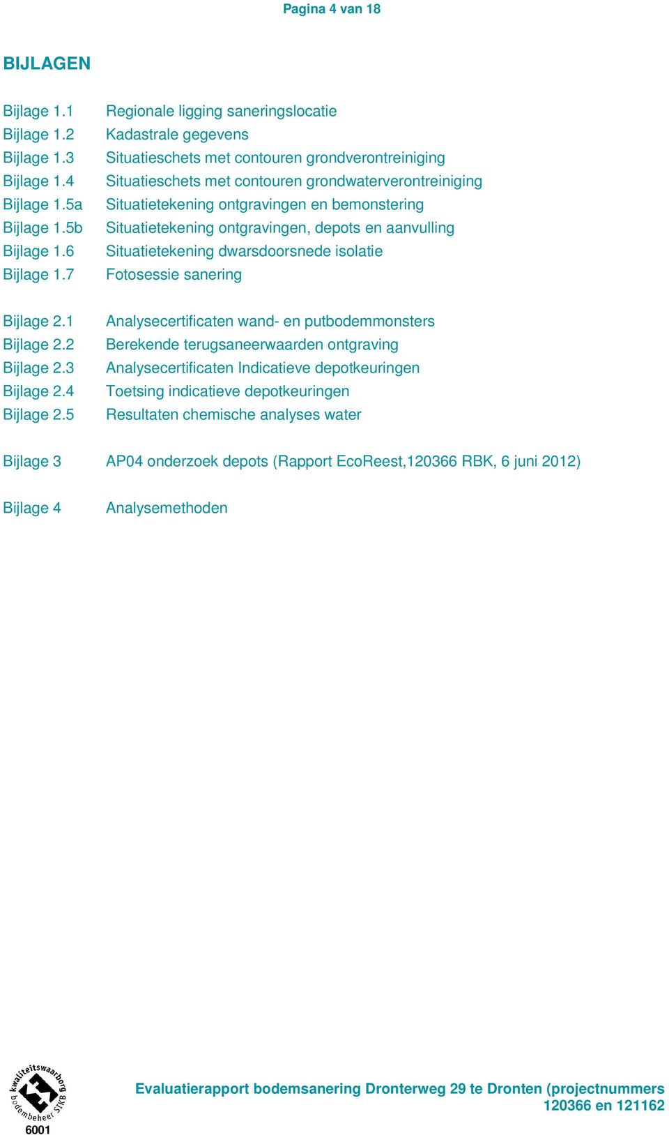 bemonstering Situatietekening ontgravingen, depots en aanvulling Situatietekening dwarsdoorsnede isolatie Fotosessie sanering Bijlage 2.1 Bijlage 2.2 Bijlage 2.3 Bijlage 2.4 Bijlage 2.