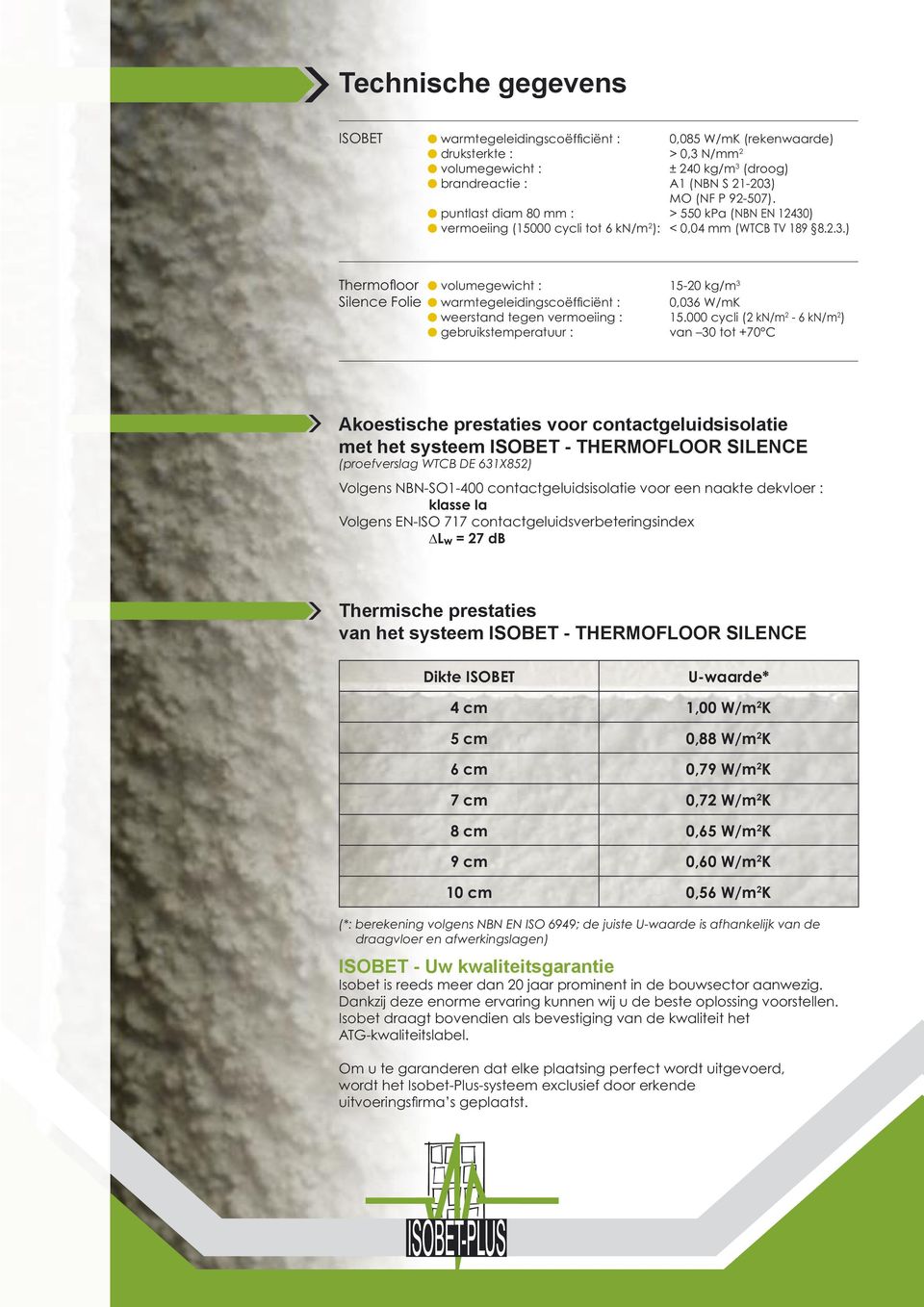 000 cycli (2 kn/m 2-6 kn/m 2 ) gebruikstemperatuur : van 30 tot +70 C Akoestische prestaties voor contactgeluidsisolatie met het systeem ISOBET - THERMOFLOOR SILENCE (proefverslag WTCB DE 631X852)