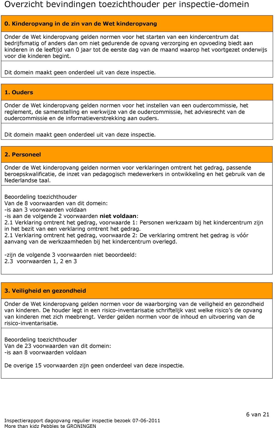 opvoeding biedt aan kinderen in de leeftijd van 0 jaar tot de eerste dag van de maand waarop het voortgezet onderwijs voor die kinderen begint. Dit domein maakt geen onderdeel uit van deze inspectie.