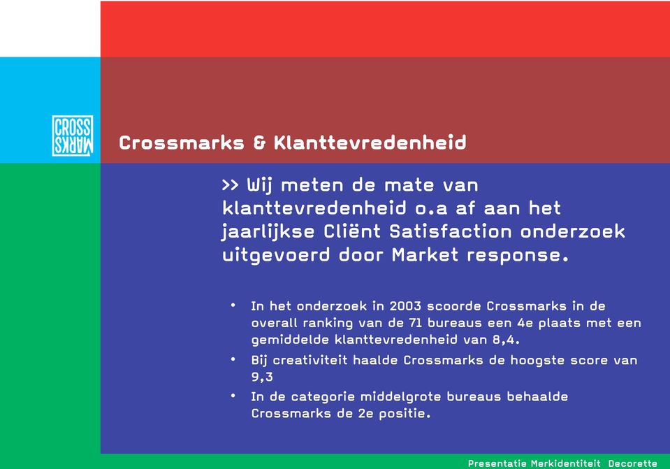 In het onderzoek in 2003 scoorde Crossmarks in de overall ranking van de 71 bureaus een 4e plaats met een