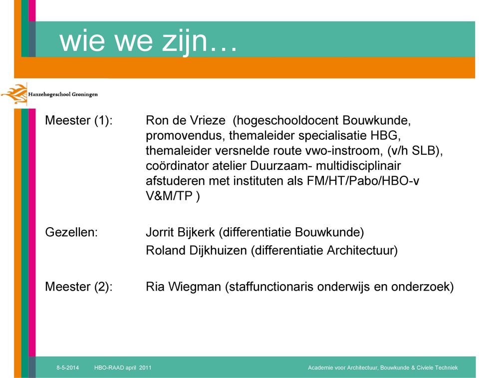 FM/HT/Pabo/HBO-v V&M/TP ) Gezellen: Jorrit Bijkerk (differentiatie Bouwkunde) Roland Dijkhuizen (differentiatie Architectuur)