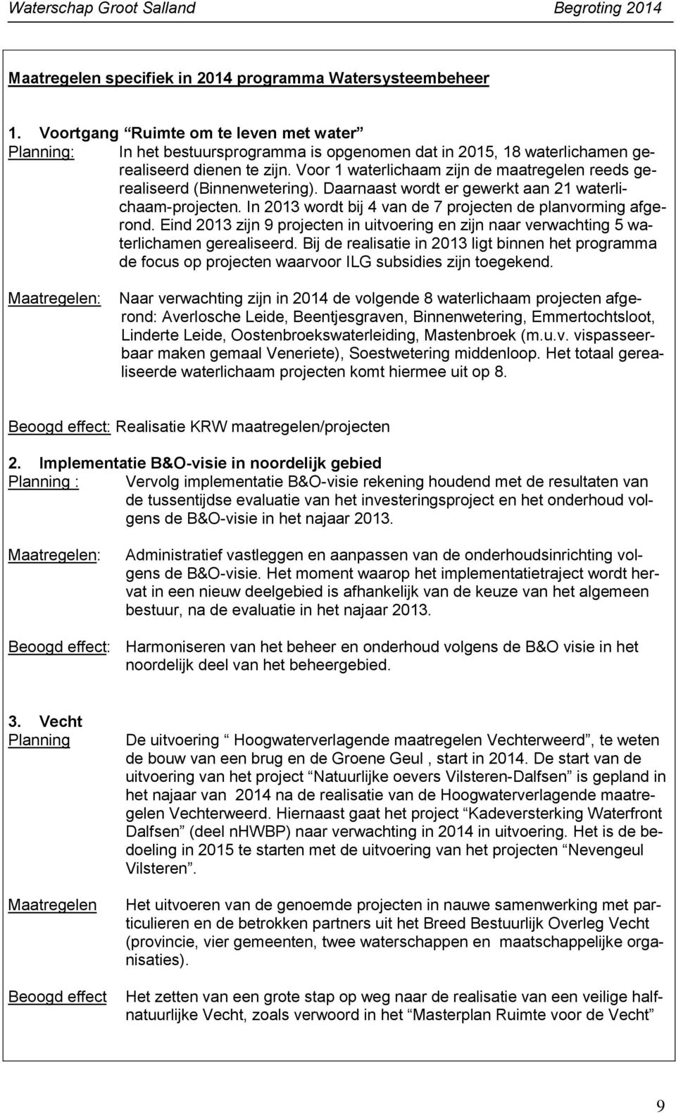 Voor 1 waterlichaam zijn de maatregelen reeds gerealiseerd (Binnenwetering). Daarnaast wordt er gewerkt aan 21 waterlichaam-projecten. In 2013 wordt bij 4 van de 7 projecten de planvorming afgerond.