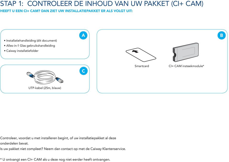 installatiefolder A B C Smartcard CI+ CAM insteekmodule* UTP-kabel (25m, blauw) Controleer, voordat u met installeren begint, of uw