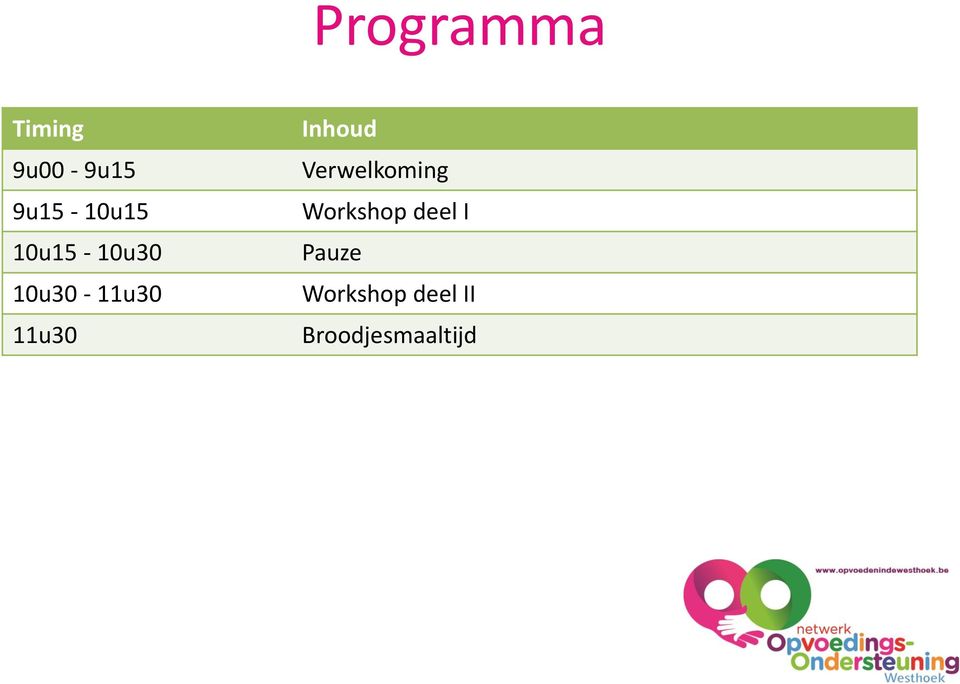 11u30 Inhoud Verwelkoming Workshop