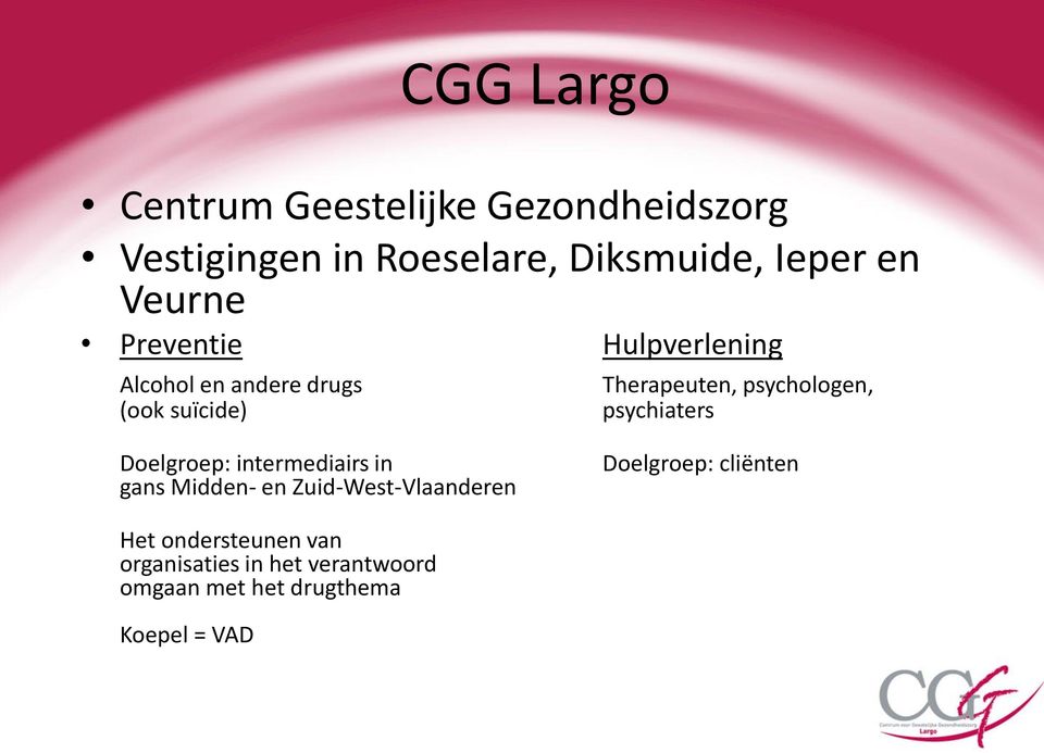 psychologen, psychiaters Doelgroep: intermediairs in gans Midden- en Zuid-West-Vlaanderen