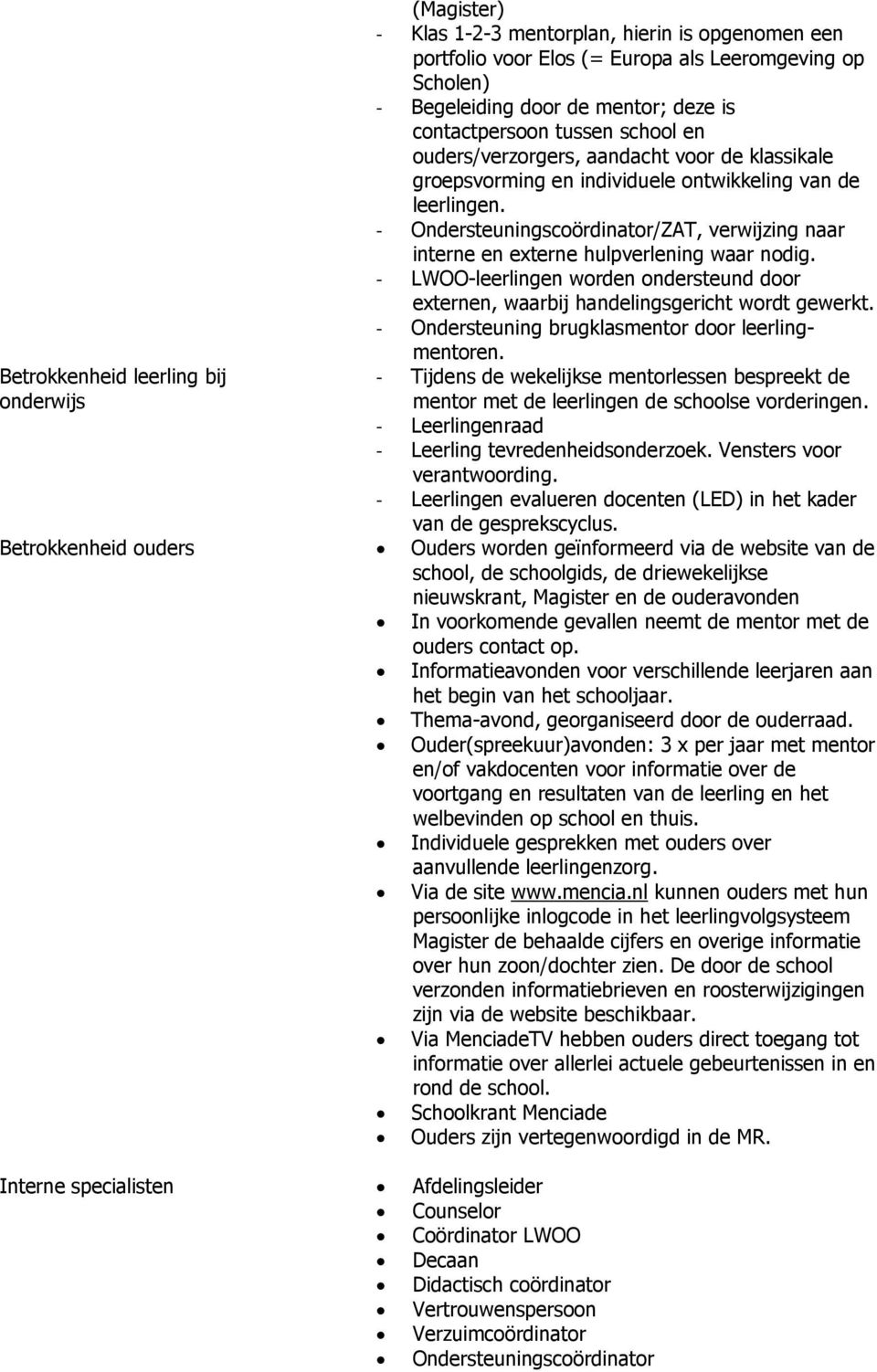 - Ondersteuningscoördinator/ZAT, verwijzing naar interne en externe hulpverlening waar nodig. - LWOO-leerlingen worden ondersteund door externen, waarbij handelingsgericht wordt gewerkt.