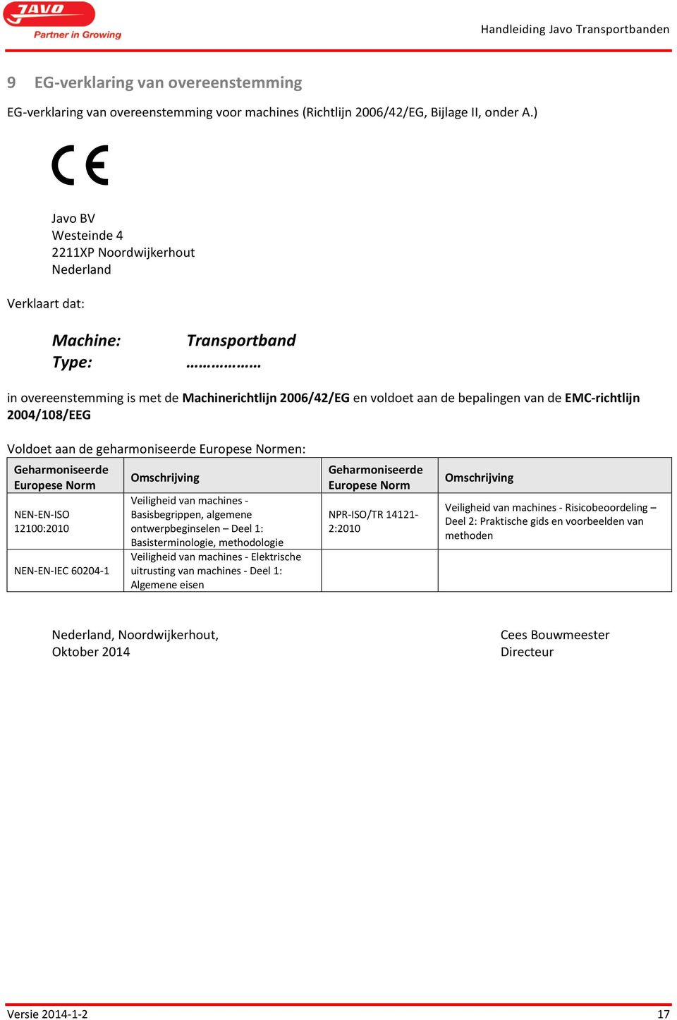 EMC-richtlijn 2004/108/EEG Voldoet aan de geharmoniseerde Europese Normen: Geharmoniseerde Omschrijving Europese Norm NEN-EN-ISO 12100:2010 NEN-EN-IEC 60204-1 Veiligheid van machines -