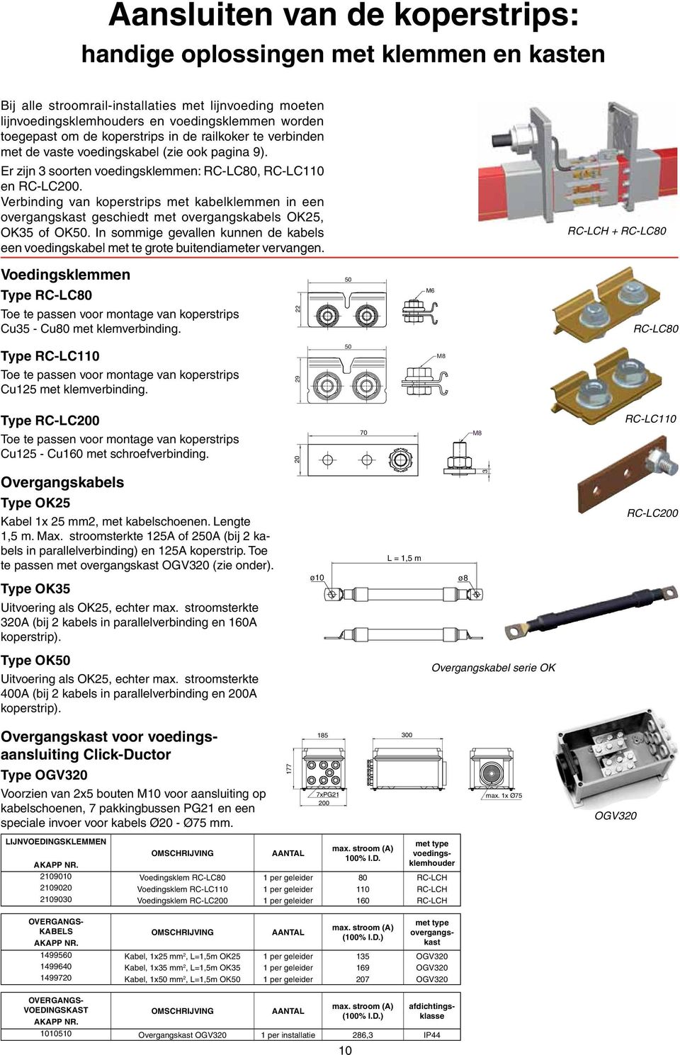 Verbinding van koperstrips met kabelklemmen in een overgangskast geschiedt met overgangskabels OK25, OK35 of OK50.