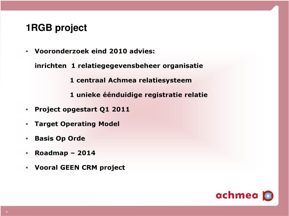 1 unieke éénduidige registratie relatie Project opgestart Q1 2011