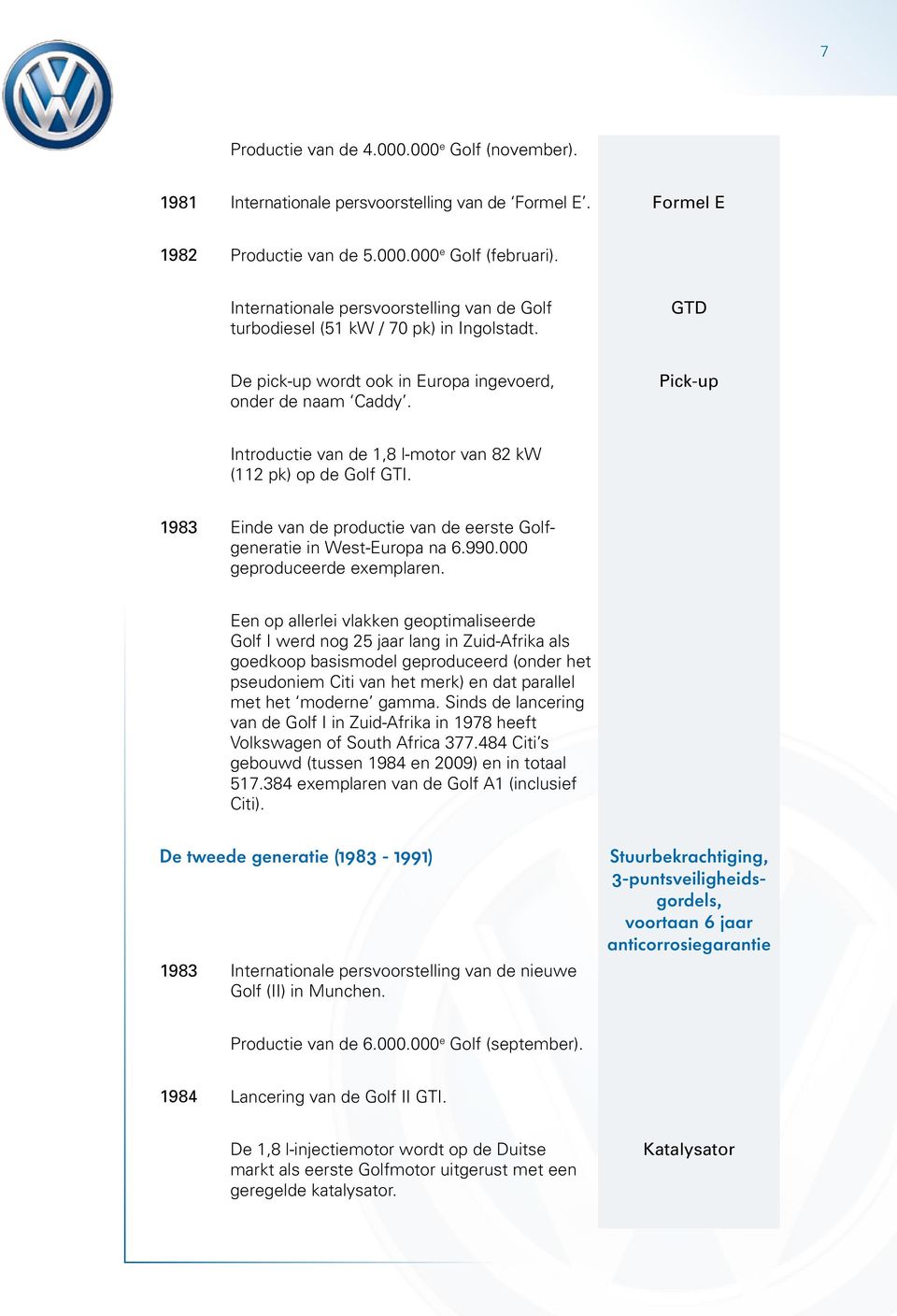 Pick-up Introductie van de 1,8 l-motor van 82 kw (112 pk) op de Golf GTI. 1983 Einde van de productie van de eerste Golfgeneratie in West-Europa na 6.990.000 geproduceerde exemplaren.