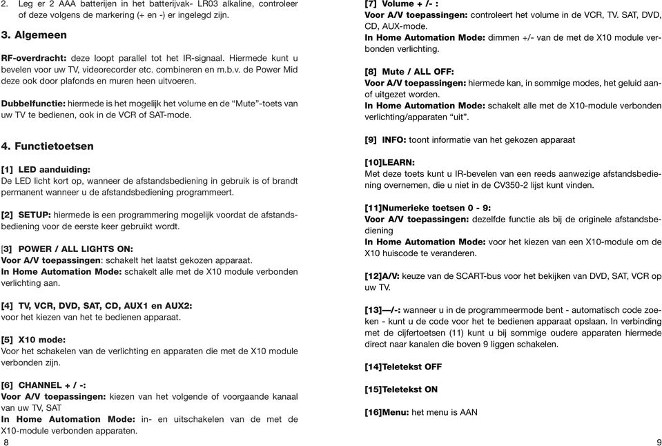 Dubbelfunctie: hiermede is het mogelijk het volume en de Mute -toets van uw TV te bedienen, ook in de VCR of SAT-mode. 4.