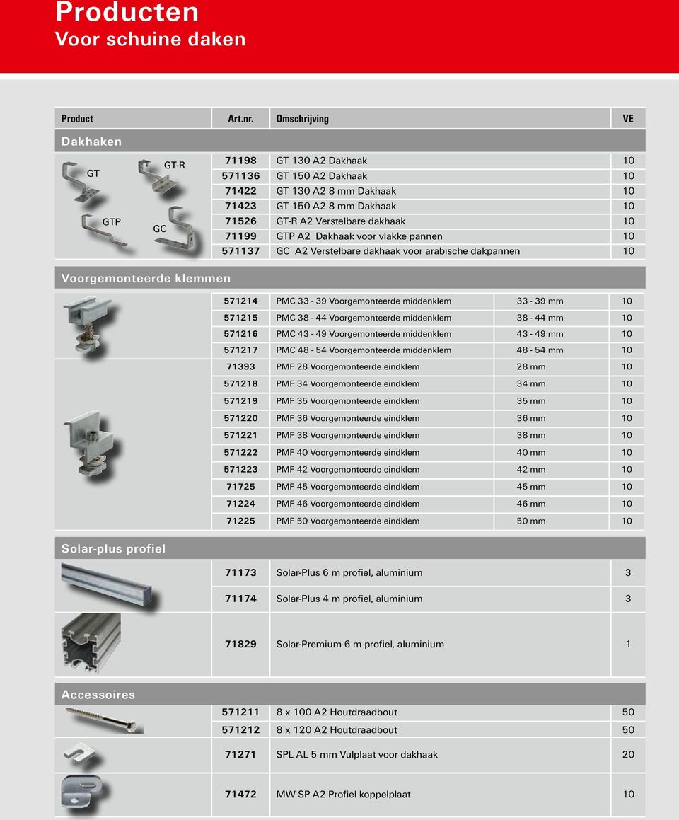 71199 GTP A2 Dakhaak voor vlakke pannen 10 571137 GC A2 Verstelbare dakhaak voor arabische dakpannen 10 Voorgemonteerde klemmen 571214 PMC 33-39 Voorgemonteerde middenklem 33-39 mm 10 571215 PMC