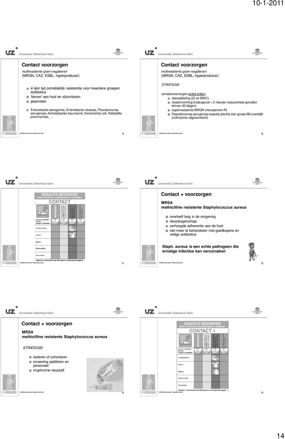 ESBL, hyperproducer) STRATEGIE contactvoorzorgen enkel indien: risicoafdeling (IZ en BWC) clustervorming (indexgeval + 2 nieuwe nosocomiale gevallen binnen 30 dagen) superresistente MRGN (meropenem