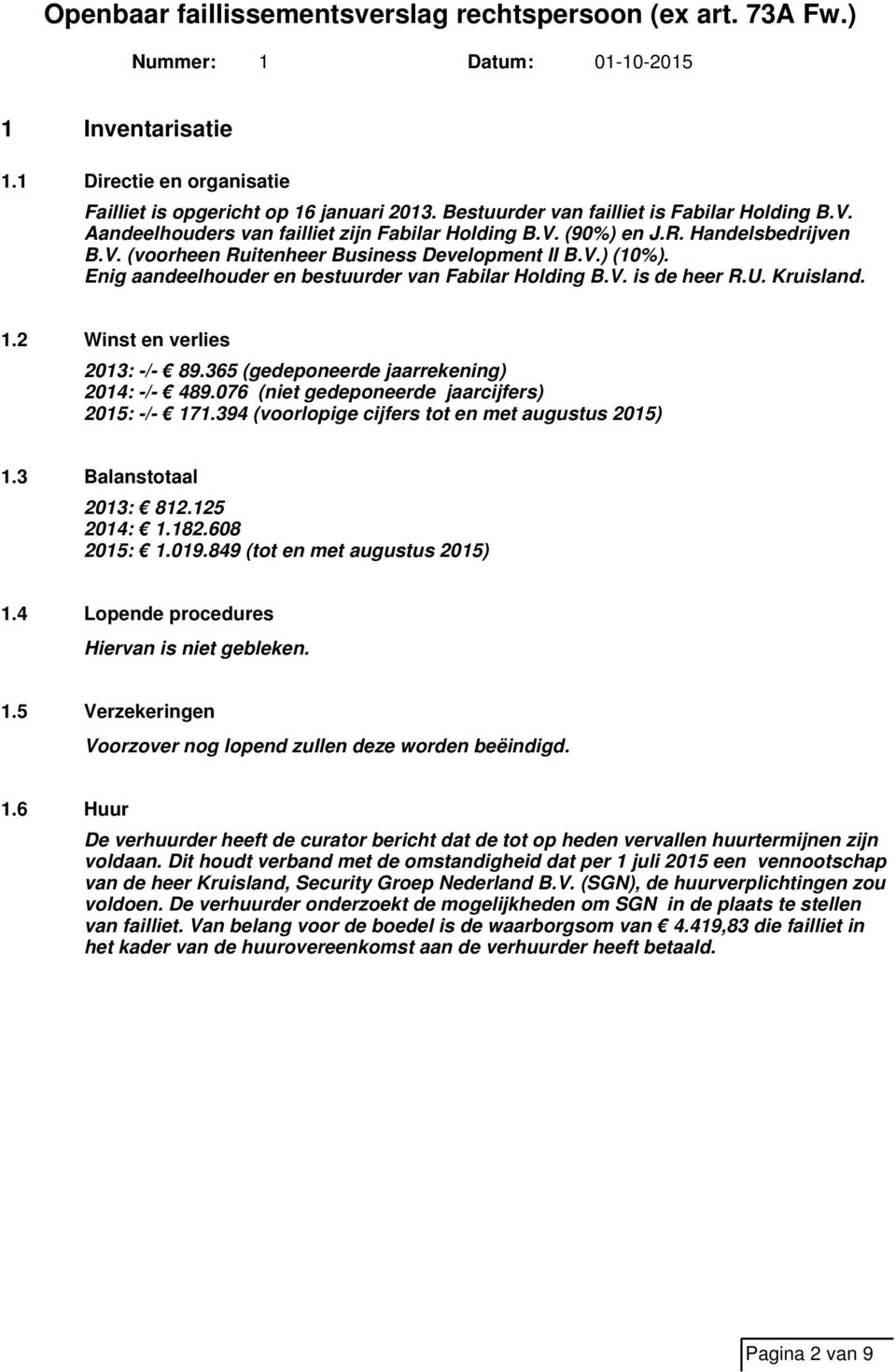 2 Winst en verlies 2013: -/- 89.365 (gedeponeerde jaarrekening) 2014: -/- 489.076 (niet gedeponeerde jaarcijfers) 2015: -/- 171.394 (voorlopige cijfers tot en met augustus 2015) 1.