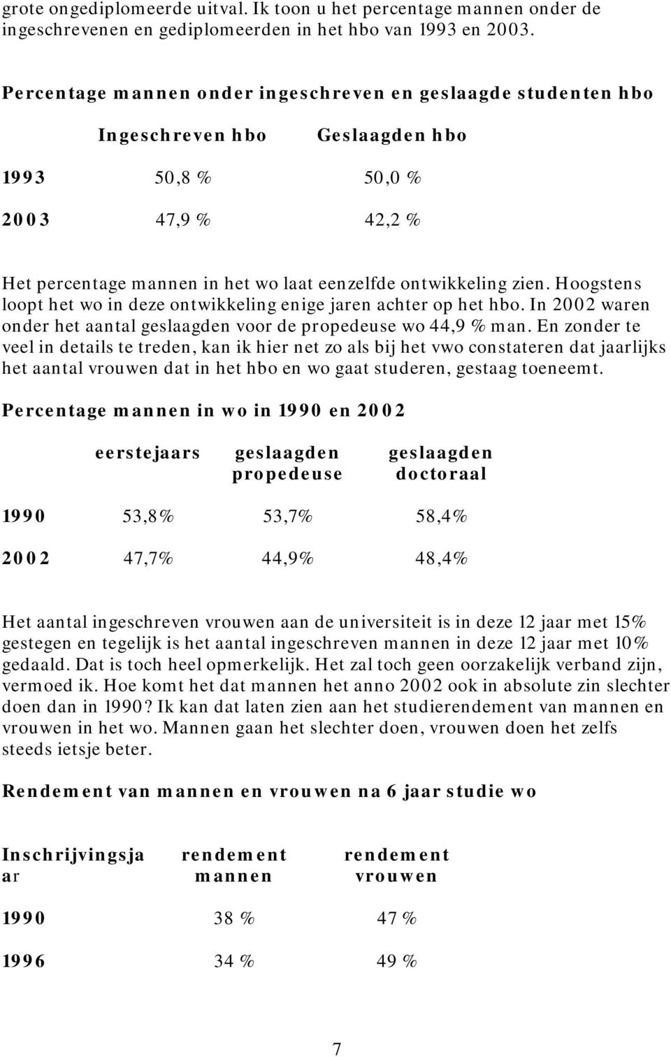 Hoogstens loopt het wo in deze ontwikkeling enige jaren achter op het hbo. In 2002 waren onder het aantal geslaagden voor de propedeuse wo 44,9 % man.