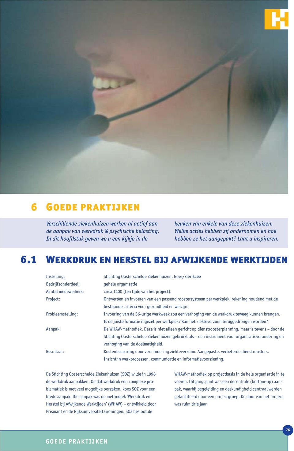 1 Werkdruk en herstel bij afwijkende werktijden Instelling: Bedrijfsonderdeel: Aantal medewerkers: Project: Probleemstelling: Aanpak: Resultaat: Stichting Oosterschelde Ziekenhuizen, Goes/Zierikzee