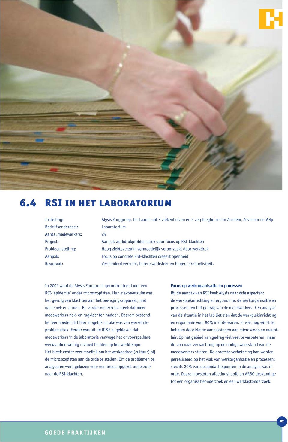 Verminderd verzuim, betere werksfeer en hogere productiviteit. In 2001 werd de Alysis Zorggroep geconfronteerd met een RSI- epidemie onder microscopisten.