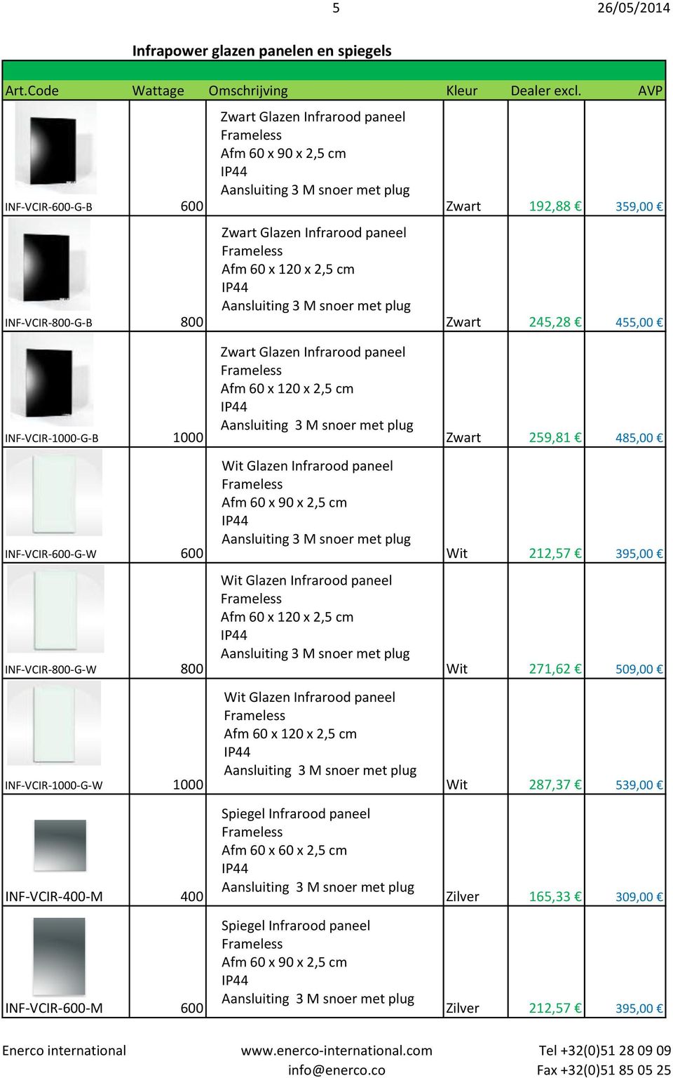 Afm 60 x 90 x 2,5 cm INF-VCIR-600-G-W 600 Wit 212,57 395,00 Wit Glazen Infrarood paneel Frameless Afm 60 x 120 x 2,5 cm INF-VCIR-800-G-W 800 Wit 271,62 509,00 Wit Glazen Infrarood paneel Frameless