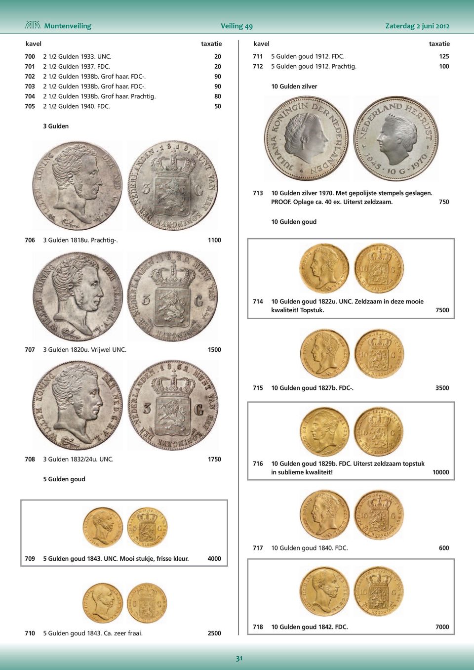 Met gepolijste stempels geslagen. PROOF. Oplage ca. 40 ex. Uiterst zeldzaam. 750 10 Gulden goud 706 3 Gulden 1818u. Prachtig-. 1100 714 10 Gulden goud 1822u. UNC. Zeldzaam in deze mooie kwaliteit!