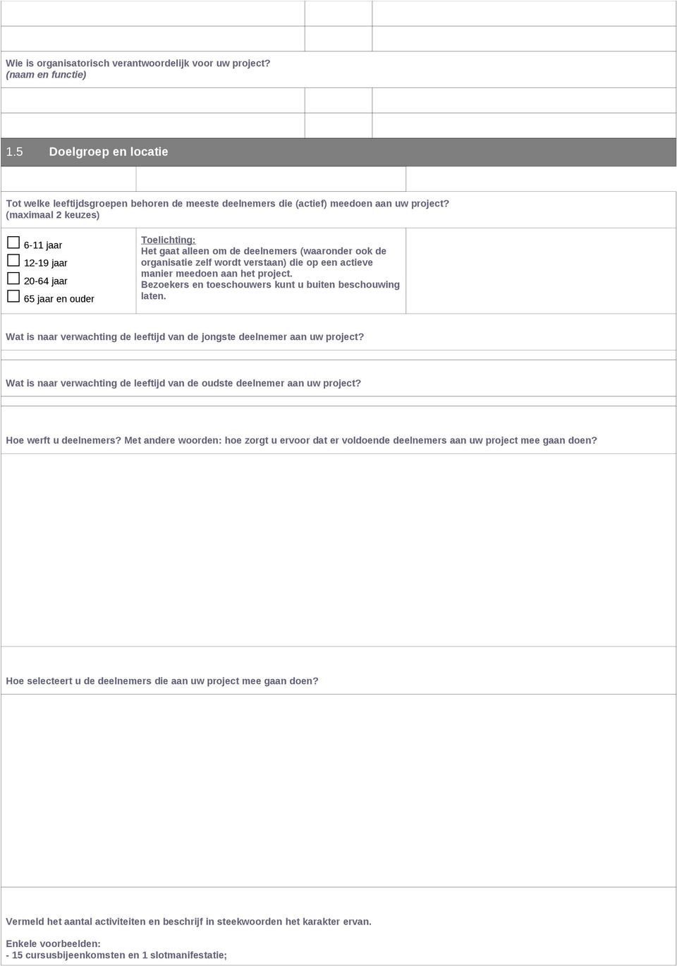 aan het project. Bezoekers en toeschouwers kunt u buiten beschouwing laten. Wat is naar verwachting de leeftijd van de jongste deelnemer aan uw project?
