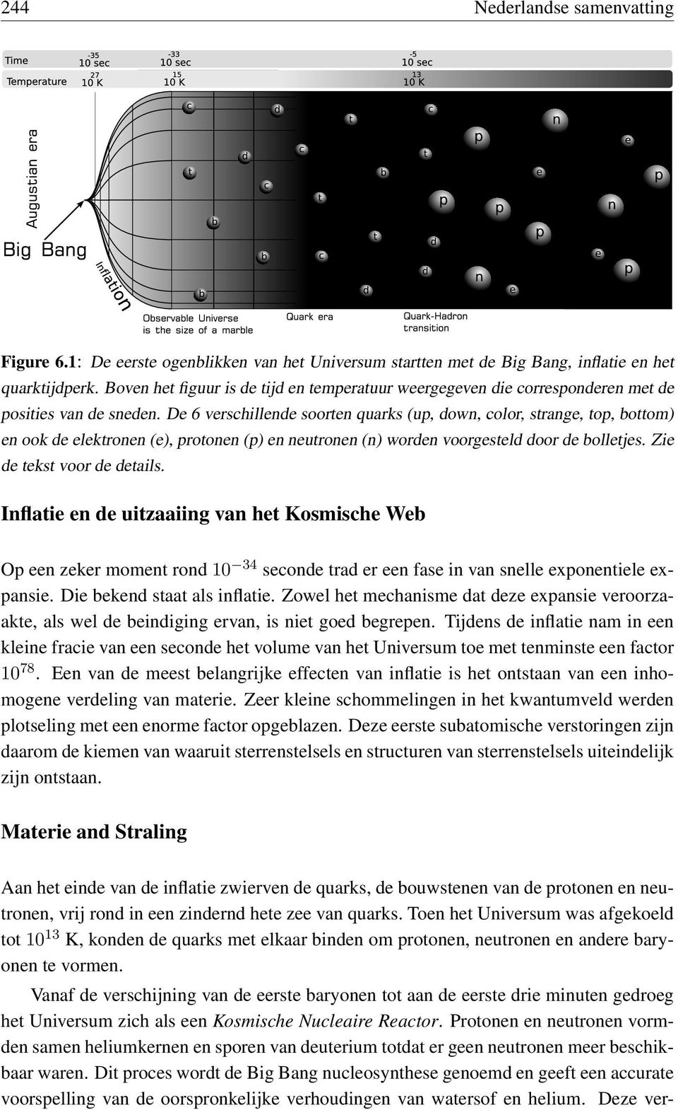 De 6 verschillende soorten quarks (up, down, color, strange, top, bottom) en ook de elektronen (e), protonen (p) en neutronen (n) worden voorgesteld door de bolletjes. Zie de tekst voor de details.