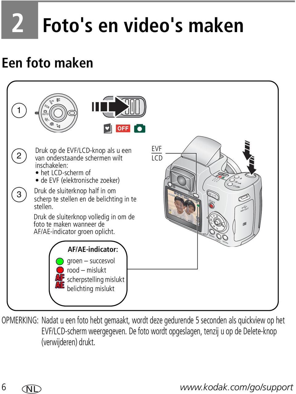 Druk de sluiterknop volledig in om de foto te maken wanneer de AF/AE-indicator groen oplicht.