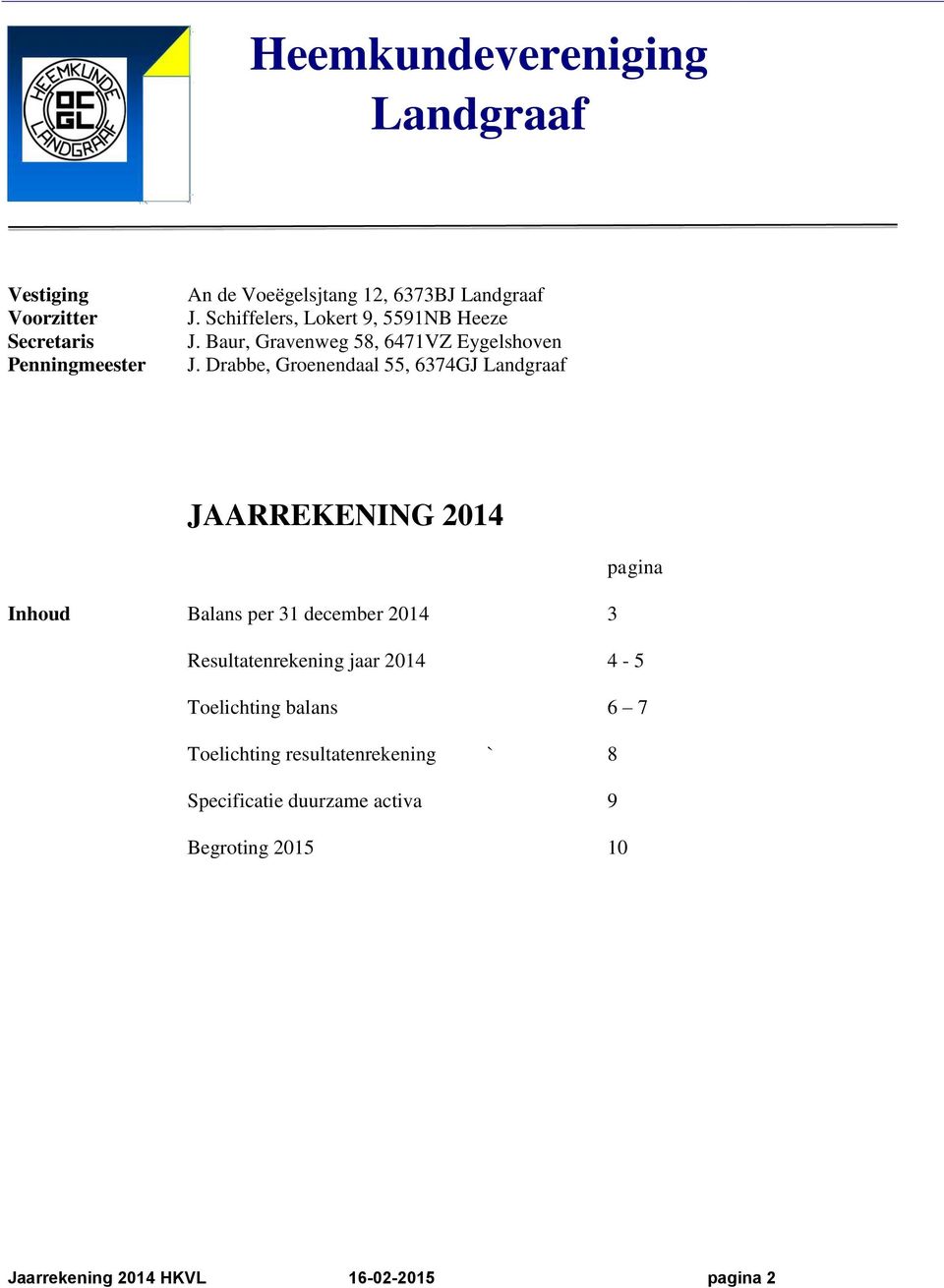 Drabbe, Groenendaal 55, 6374GJ Landgraaf JAARREKENING 2014 pagina Inhoud Balans per 31 december 2014 3 Resultatenrekening