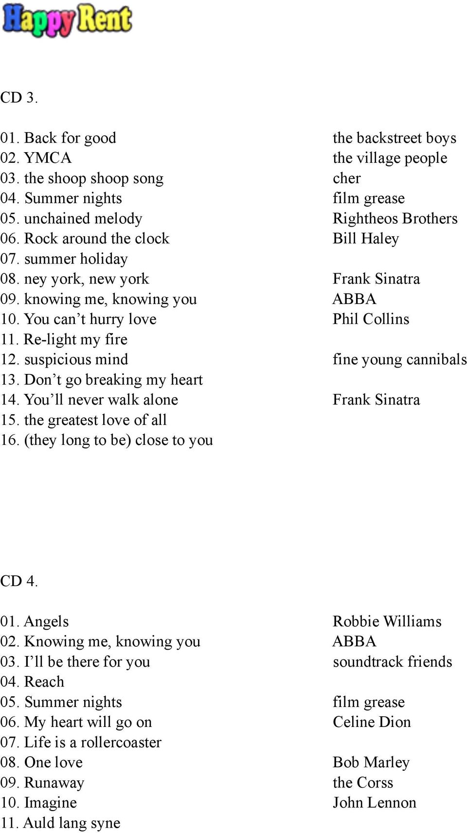 suspicious mind fine young cannibals 13. Don t go breaking my heart 14. You ll never walk alone Frank Sinatra 15. the greatest love of all 16. (they long to be) close to you CD 4. 01.