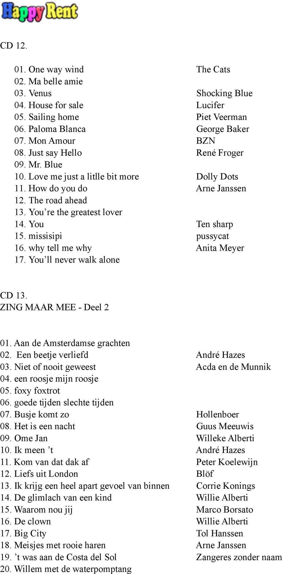 missisipi pussycat 16. why tell me why Anita Meyer 17. You ll never walk alone CD 13. ZING MAAR MEE - Deel 2 01. Aan de Amsterdamse grachten 02. Een beetje verliefd André Hazes 03.