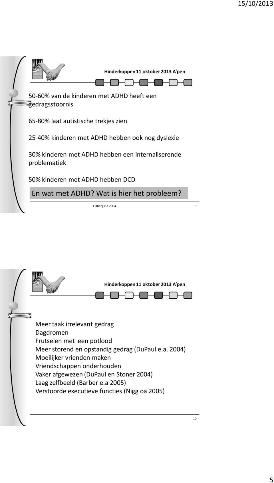 a 2004 9 Hinderkoppen 11 oktober 2013 A pen Meer taak irrelevant gedrag Dagdromen Frutselen met een potlood Meer storend en opstandig gedrag (DuPaul e.a. 2004) Moeilijker vrienden maken Vriendschappen onderhouden Vaker afgewezen (DuPaul en Stoner 2004) Laag zelfbeeld (Barber e.