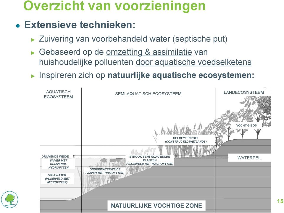 ECOSYSTEEM LANDECOSYSTEEM VOCHTIG BOS HELOFYTENPOEL (CONSTRUCTED WETLANDS) DRIJVENDE WEIDE VIJVER MET DRIJVENDE HYDROFYTEN VRIJ WATER (VLOEIVELD