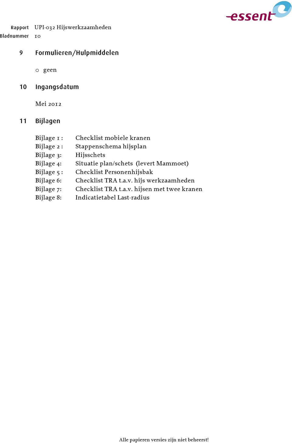 kranen Stappenschema hijsplan Hijsschets Situatie plan/schets (levert Mammoet) Checklist