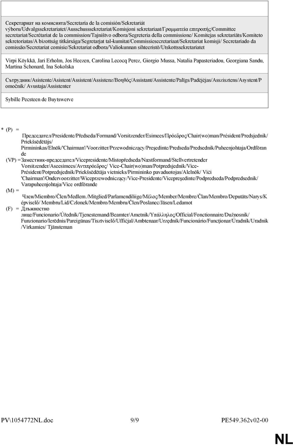 Secretariado da comissão/secretariat comisie/sekretariat odbora/valiokunnan sihteeristö/utskottssekretariatet Virpi Köykkä, Jari Erholm, Jos Heezen, Carolina Lecocq Perez, Giorgio Mussa, Natalia