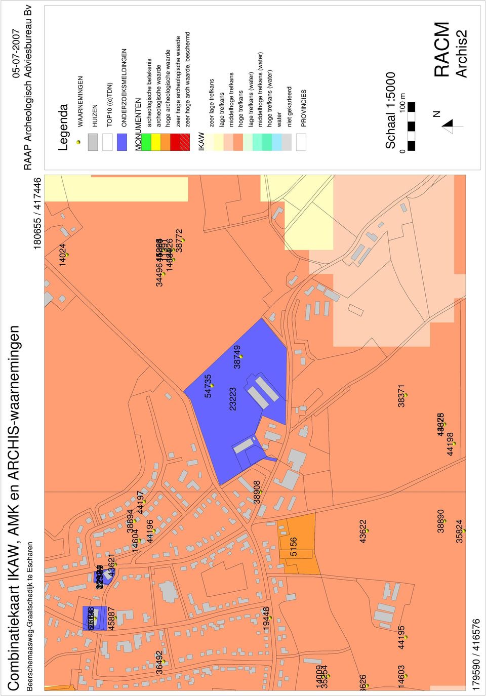 (water) water niet gekarteerd PROVINCIES Schaal 1:5000 0 100 m N RACM Archis2 Combinatiekaart IKAW, AMK en ARCHIS-waarnemingen Beerschemaasweg-Graafschedijk te Escharen 180655 / 417446 14024 60398