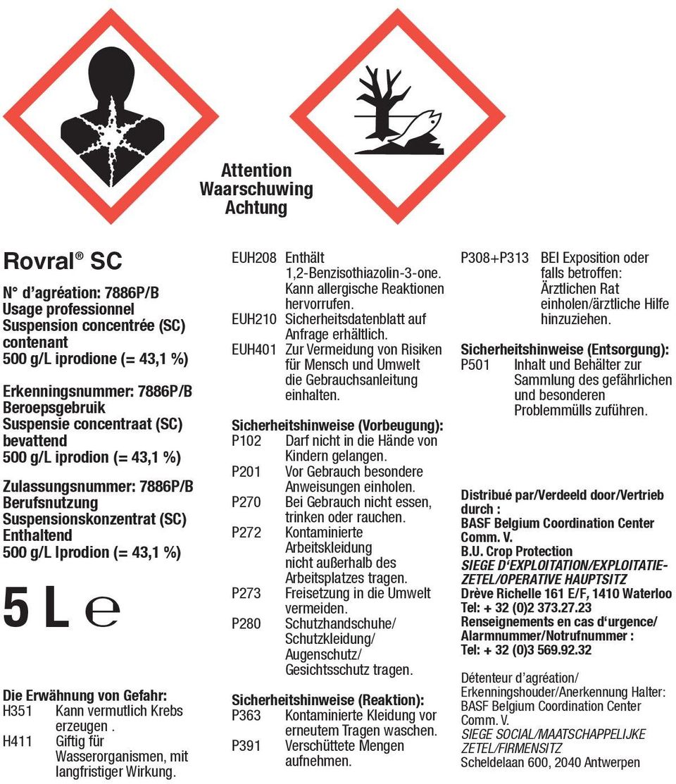 Gefahr: H351 Kann vermutlich Krebs erzeugen. H411 Giftig für Wasserorganismen, mit langfristiger Wirkung. EUH208 Enthält 1,2-Benzisothiazolin-3-one. Kann allergische Reaktionen hervorrufen.